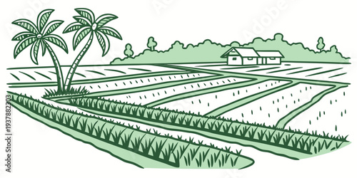 A green drawing of a field with palm trees Vector