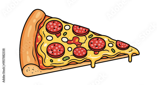 Cartoon pizza slice with pepperoni and cheese isolated on white background