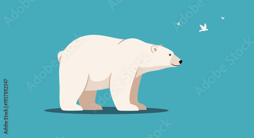 Cartoon polar bear illustration with birds and teal background