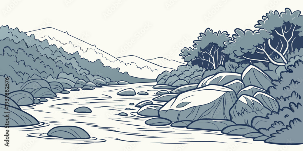 Fototapeta premium A serene landscape with a river flowing through mountains Vector