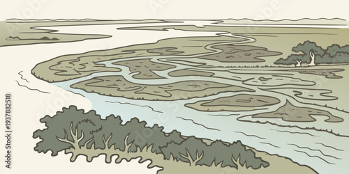 A river runs through a landscape with trees and bushes Vector