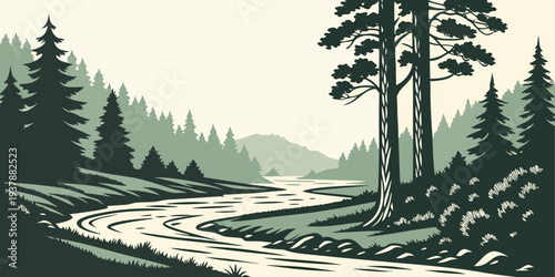 A serene forest landscape with a winding river Vector