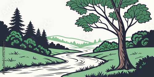 A serene landscape with a tree and a stream Vector