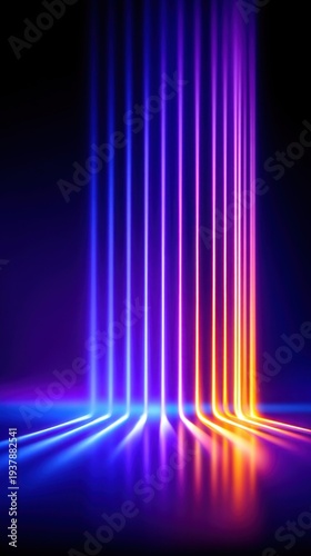 Abstract glowing neon light streaks in a dark room with reflections on the floor