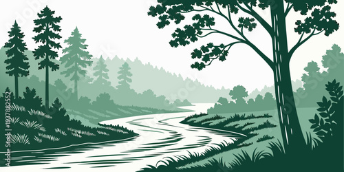 A serene landscape with a river and trees Vector