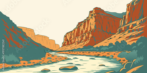 A river runs through a canyon with mountains Vector
