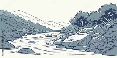 A serene landscape with a river flowing through mountains Vector
