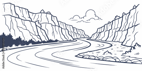 A river flowing through a mountain valley with cliffs Vector