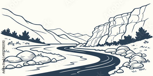 A winding road through a snowy mountain landscape Vector