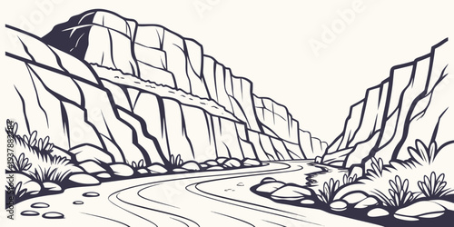 A black and white drawing of a canyon with a river running through it Vector