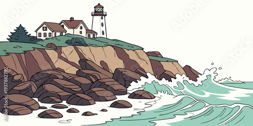 A lighthouse on a rocky cliff by the sea Vector