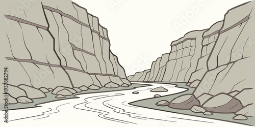 A river runs through a canyon with steep cliffs Vector
