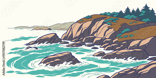 A pixel art image of a rocky coastline with trees and waves Vector