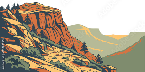 A rocky mountain landscape with trees and bushes Vector