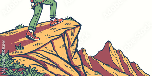A person standing on a rocky mountain peak Vector