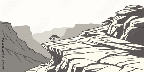 A black and white drawing of a mountain range with a rocky cliff Vector