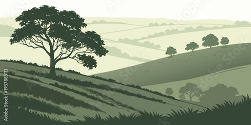 A serene landscape with a tree on a hill Vector