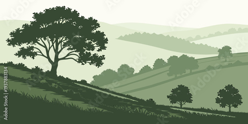 A serene landscape with trees on a green hillside Vector