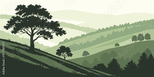 A serene landscape with rolling hills and trees Vector