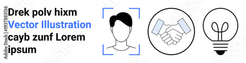Biometrics, teamwork, ideas, technology, data privacy, innovation. Facial outline with a square border, handshake and light bulb in circles. Biometrics and teamwork concepts