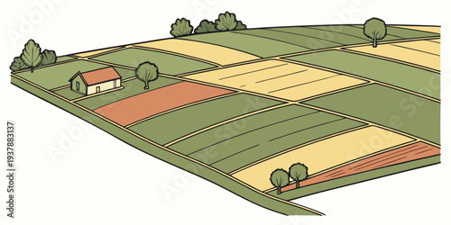 A small house in a field of farmland with different colored plots of land Vector