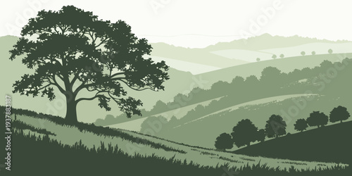 A serene landscape with a tree on a green hillside Vector