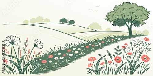 A green field with a tree and flowers Vector