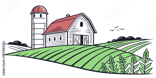 A white farmhouse with a red roof sits on a green hill Vector