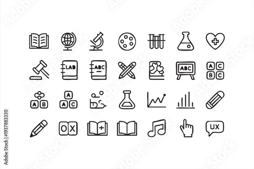 Minimal Education And School Learning Line Icon Set With Book And Science Symbols