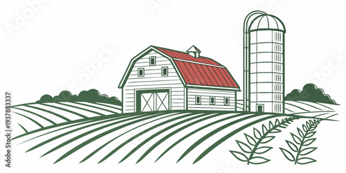A farm with a barn and silo Vector
