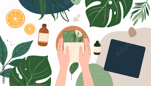 Flat lay of hands holding a box filled with organic products surrounded by tropical leaves, citrus fruits, and bottles, conveying natural skincare and wellness