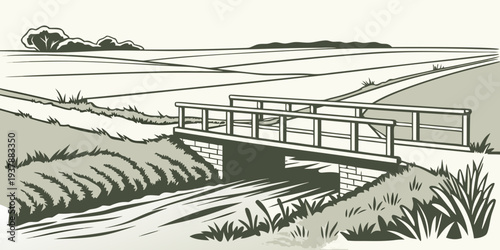 A small bridge over a canal in a rural landscape Vector