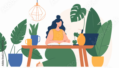 A woman diligently working from her comfortable home office, surrounded by lush indoor plants, symbolizing focused productivity and a serene remote work lifestyle