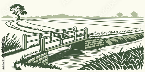 A small bridge over a stream with grass and trees Vector