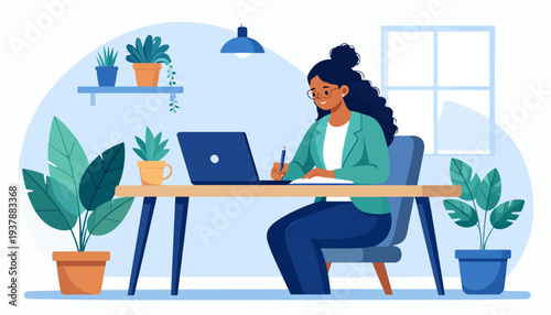 A woman is working on her laptop in a well-lit room with plants, suggesting a productive and comfortable workspace