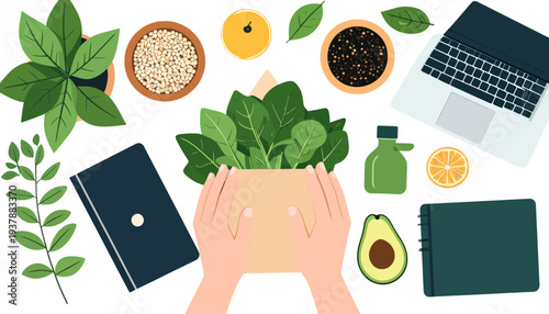 Healthy lifestyle concept with fresh groceries, laptop and books, illustrating balanced living