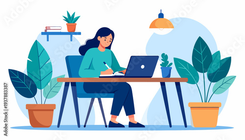 Focused young woman working remotely at her home office desk, diligently writing and typing on her laptop, a modern illustration of productivity and online learning from home