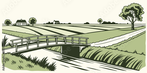 A small bridge over a stream in a green landscape Vector