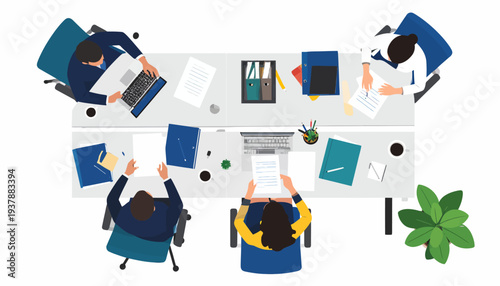 Top-down view of a business meeting with diverse professionals collaborating around a long table, discussing documents and using laptops, symbolizing teamwork and strategy