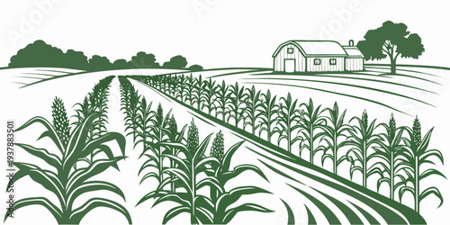A green illustration of a farm with a field of crops Vector