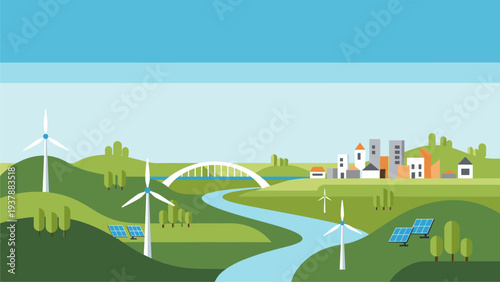Sustainable Cityscape Illustration for Green Energy and Eco-Friendly Development Concepts