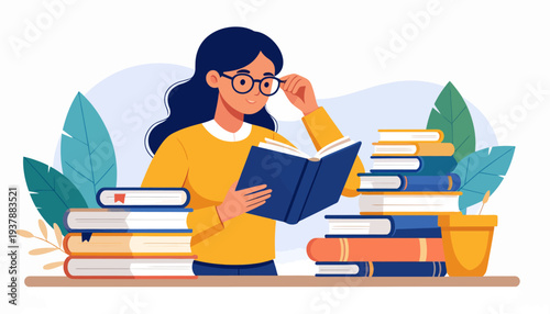 An illustration of a young woman with glasses diligently reading a book, surrounded by numerous literature stacks, representing a passion for education and intellectual growth