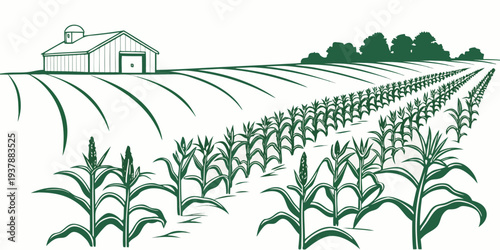 A green line drawing of a farm with a house and cornfield Vector