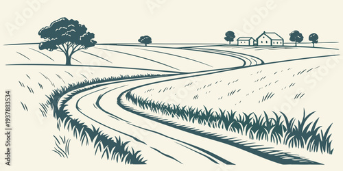 A winding dirt road through a rural landscape Vector