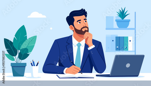 Thoughtful businessman in a blue suit contemplating ideas while working at his desk with a laptop and plants