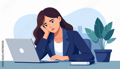 Woman feeling tired and exhausted while working on a laptop, with a plant in the background