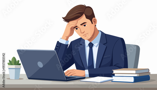 A frustrated businessman looking at his laptop, feeling overwhelmed by work pressure and deadlines at the office desk