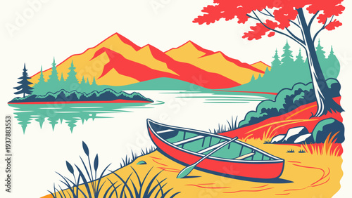 A red canoe sits on the shore of a lake with mountains in the background Vector