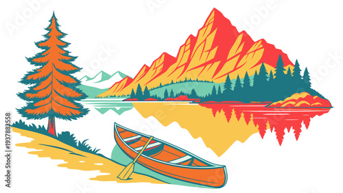 A colorful illustration of a canoe on a lake Vector
