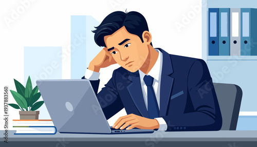 A weary professional man experiencing burnout and stress at his office desk, looking tired while working on his laptop, reflecting the challenges of a demanding corporate lifestyle
